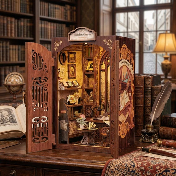 Bookshop Memories DIY Book Nook Kit – Vintage Miniature Bookshelf Insert with LED Light | Handmade Wooden Library Diorama Gift