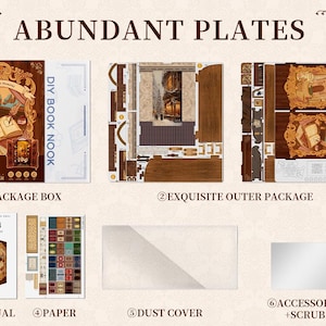 May include: A collection of DIY Book Nook kit components, including a package box, exquisite outer package, manual, paper, dust cover, and accessory pack with a scrub rod. The kit features the text "Bookshop Memories" and "DIY Book Nook".