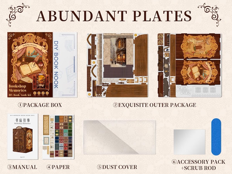 May include: A collection of DIY Book Nook kit components, including a package box, exquisite outer package, manual, paper, dust cover, and accessory pack with a scrub rod. The kit features the text "Bookshop Memories" and "DIY Book Nook".