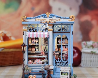 Sweet Marie DIY Dollhouse Kit – Miniature House Book Nook with LED Light | Handmade Cozy Plant Shop Diorama Gift