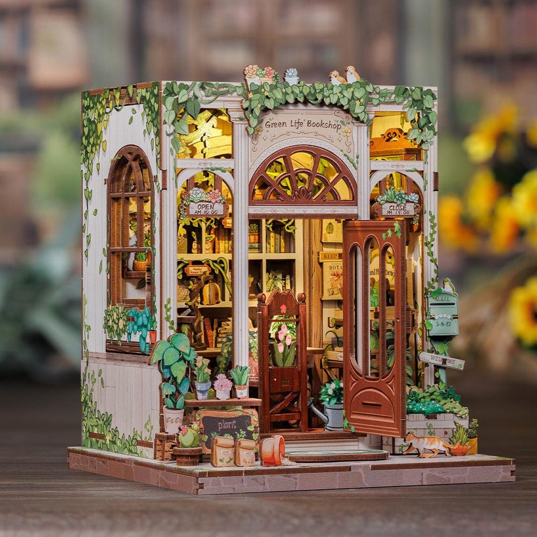 Green Life Bookshop DIY Dollhouse Kit – Miniature House Book Nook