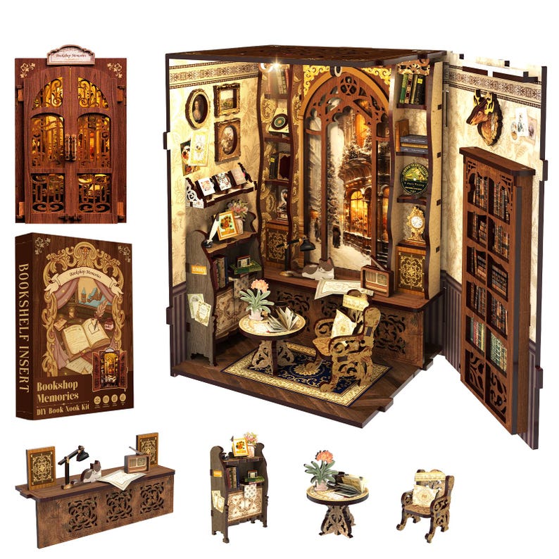 May include: A miniature wooden bookshelf insert kit with a detailed interior scene. The kit includes a door, a bookshelf, a desk, a chair, and other decorative elements. The scene is designed to resemble a cozy bookstore with warm lighting and vintage decor.