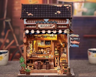 Japanese Bar Izakaya DIY Dollhouse Kit – Handmade Miniature House Book Nook with LED Light | Traditional Japanese Diorama Gift