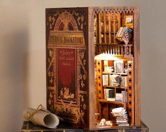 Eternal Bookstore DIY Book Nook Kit with Touch Light – Vintage Miniature Bookshelf Insert, Wooden Library Diorama, Gift for Book Lovers