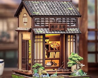 Japanese Tea House Book Nook Kit, DIY Miniature House with LED Light, Wooden Dollhouse, Bookshelf Insert, Handmade Gift