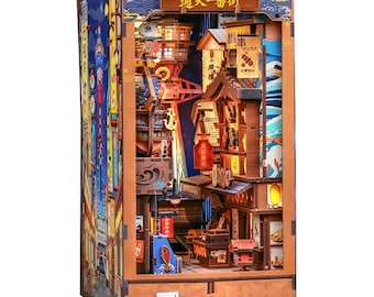 DIY Japanese Street Book Nook Kit, Osaka Miniature Dollhouse, 3D Wooden Puzzle with LED, 370 Pcs Bookshelf Insert Decor