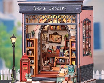 Jack_s  Bookery DIY Dollhouse Kit – Miniature House Book Nook with LED Light | Handmade Cozy Plant Shop Diorama Gift