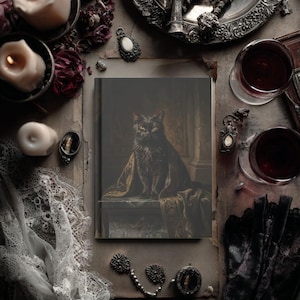 May include: An artistic still life featuring a book with a black cat portrait, surrounded by candles, antique jewelry, lace, and wine glasses. The color palette is dark and moody, with a gothic or vintage aesthetic.