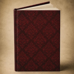 May include: A hardcover journal with a burgundy damask pattern cover. The journal is open, revealing white pages. The cover design features a repeating floral motif in a darker shade of burgundy. The spine is also burgundy.