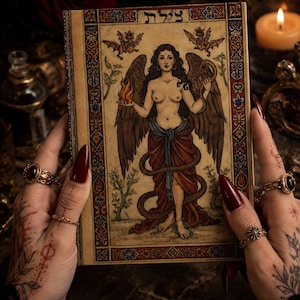 Puede incluir: Un libro de estilo vintage con una ilustración de una figura alada sosteniendo una llama y una serpiente. La portada presenta texto hebreo y bordes decorativos en rojo, azul y dorado. El libro está sostenido por manos con anillos y tatuajes ornamentados, con uñas largas rojas.