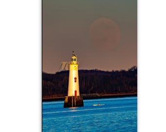 Cold Moon Lighthouse Photography Print – Coastal Winter Wall Art