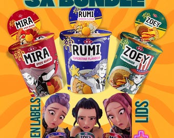 Kpop Demon Hunters, Cup Noodle Labels Ramyeon, Cosplay Party Huntrix Ramen, Rumi Mira Zoey, Kpop party, Printable pack, Halloween party