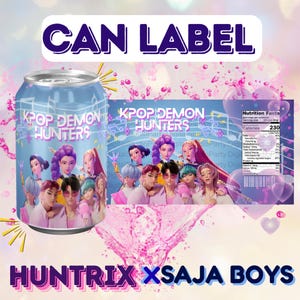 May include: A can label design featuring the text "CAN LABEL" in a purple font. The label includes the text "KPOP DEMON HUNTERS" and a group of animated characters. The bottom of the label reads "HUNTRIX XSAJA BOYS".