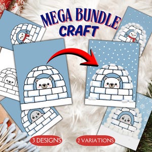 May include: A collection of illustrated cards featuring igloos with polar bears, seals, and snowmen. The cards are on a light blue background with white polka dots or snowflakes. Text reads "MEGA BUNDLE CRAFT", "3 DESIGNS", and "2 VARIATIONS".