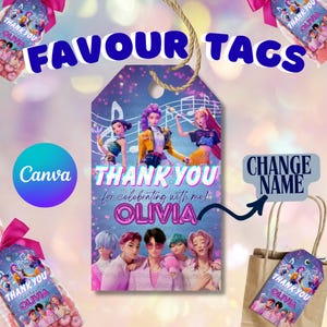 K-Pop Dämonenjäger Danke Tags, druckbare Party Favor Tags, Huntrix Saja Boys Geburtstag Geschenkanhänger, Canva bearbeitbar, Kpop Favor Tags