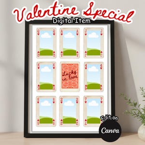 May include: A framed print featuring playing cards with a Valentine's Day theme. The design includes various card suits, a central card with "Lucky in love" text, and the words "Valentine Special" at the top. The print is edited on Canva.