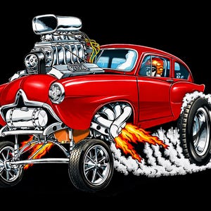 May include: A cartoon illustration of a red hot rod car with a large chrome engine, flames, and smoke against a black background. The car has large tires and a driver wearing a helmet.