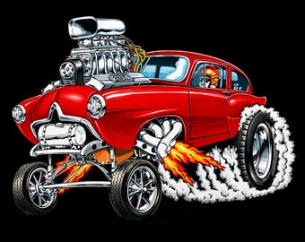 Camiseta de coche de carreras HENRY J, Chevy 302, colectores de guardabarros, tanque MOON pulido, neumáticos lisos con huella de pulgar, eje delantero cromado, 12 radios pulidos