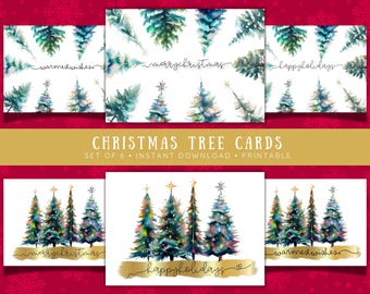 Set di biglietti di auguri natalizi con albero di Natale, biglietti di auguri festivi (download immediato in PDF)