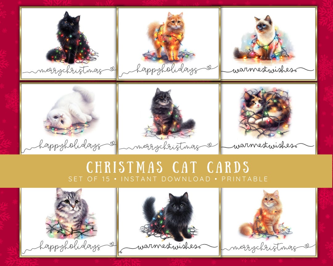 Christmas Cat Cards, Holiday Kitties Set of 15 Festive Cards (instant ...