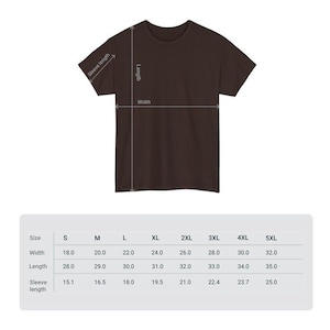 May include: A brown t-shirt with measurements for width, length, and sleeve length. The size chart includes sizes S through 5XL, with width ranging from 18.0 to 32.0 inches, length from 28.0 to 35.0 inches, and sleeve length from 15.1 to 25.0 inches.