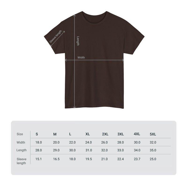May include: A brown t-shirt with measurements for width, length, and sleeve length. The size chart includes sizes S through 5XL, with width ranging from 18.0 to 32.0 inches, length from 28.0 to 35.0 inches, and sleeve length from 15.1 to 25.0 inches.