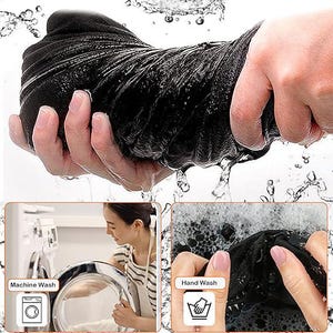 May include: A close-up of a black fabric being wrung out, with water droplets. The image includes two smaller images: one showing a washing machine and the text "Machine Wash", and another showing hand washing with the text "Hand Wash".