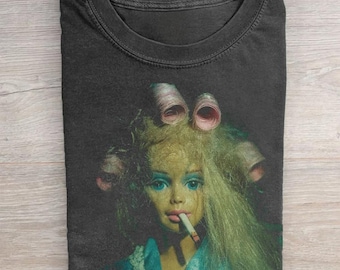 Smoking Doll T-shirt With Curled Hair, 90s Grunge Style Meme T-shirt, Funny Meme Tee