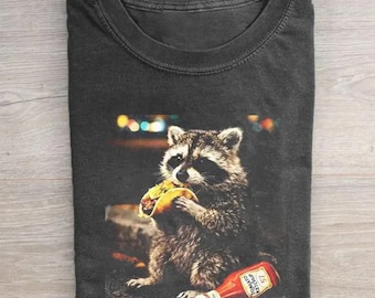 Raccoon Eating Tacos Graphic Tee, Funny Animal Meme Shirt, Silly Racoon Design
