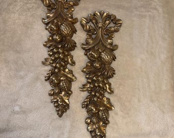 2X Syroco Gold Gilt Wood Fruit & Bow Wall Panels Hanging Decor Hollywood Regency