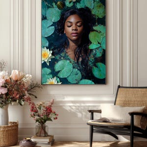 May include: A framed art print depicts a woman with closed eyes, surrounded by lily pads and flowers. The artwork features a dark color palette with shades of green and blue, creating a serene and tranquil atmosphere. The woman has long, dark hair.