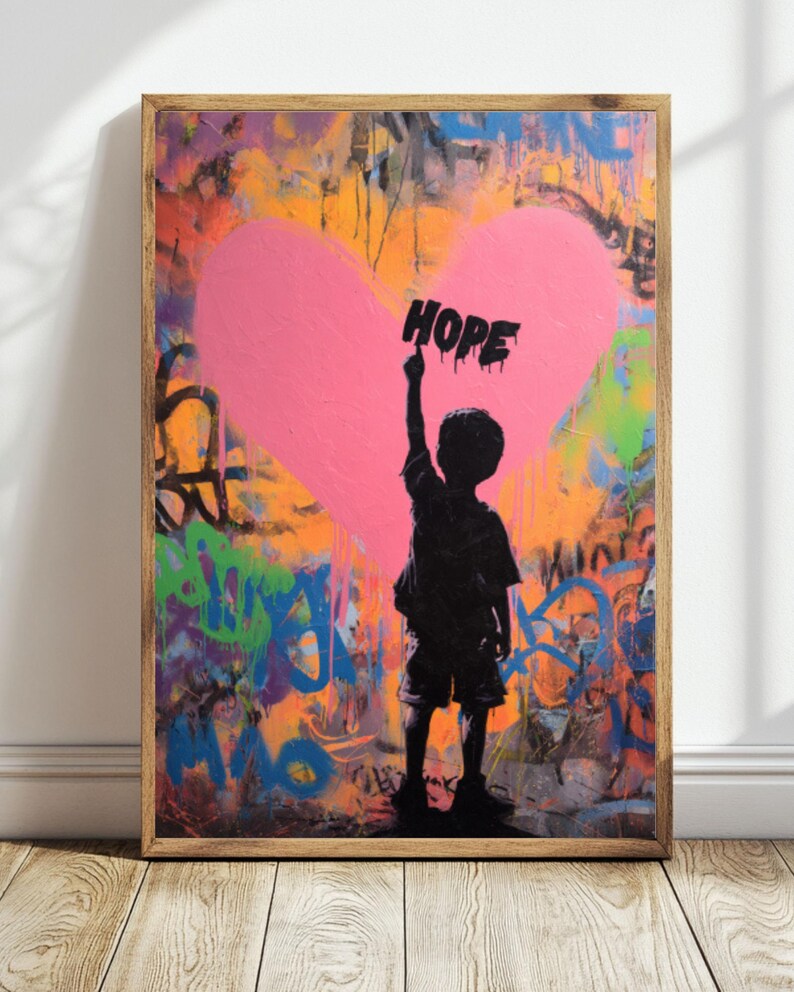 Hope Graffiti Poster – Child Silhouette Pointing Up, Abstract Heart ...