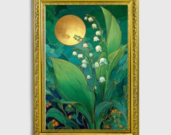 Art Nouveau Lily of the Valley Poster – Green Background with Moon, Elegant Botanical Wall Art, Vintage Style, Poster or Framed Poster