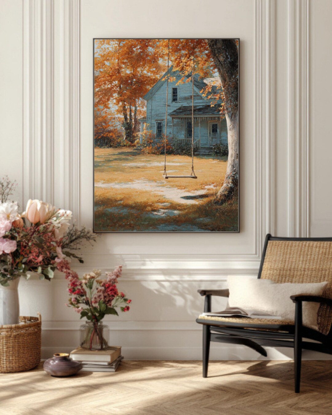 Vintage Farmhouse Canvas Print – Wooden Swing, Autumn Leaves & Grassy ...