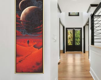 Retro Sci-Fi Canvas Print – Alien Desert Landscape, Giant Moon, 80s Space Art