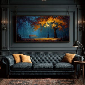 Autumn Night Bench Canvas Print – Dark Academia Oil Painting of Golden Tree with Bench, Canvas Roll, Canvas Wrap, or Framed Canvas