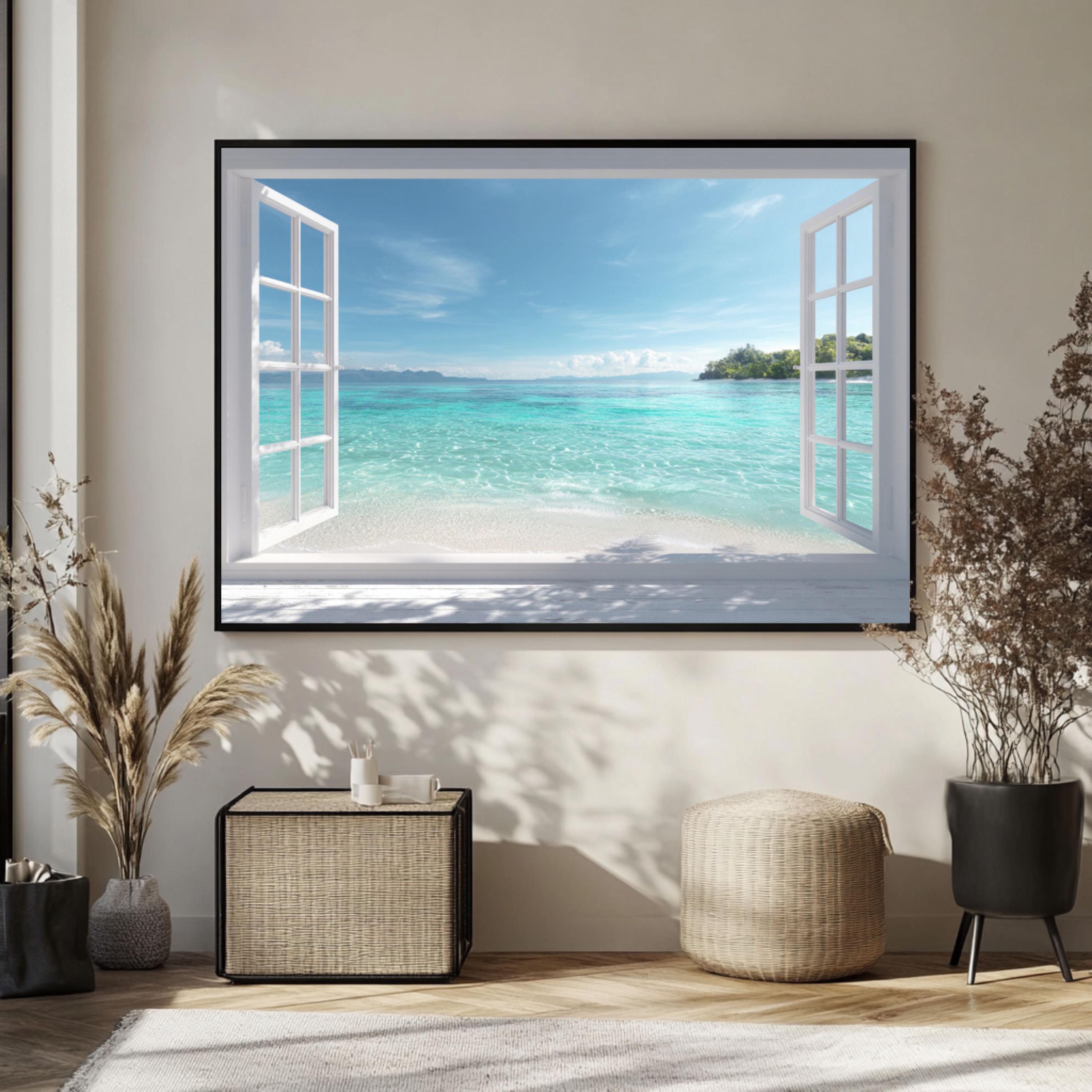 3D Inspired White Window Frame Beach Canvas Print – Tropical