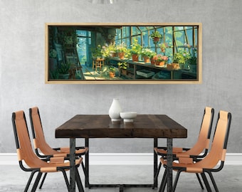 May include: A framed artwork depicting a sunlit greenhouse filled with potted plants. The artwork hangs above a dark wood dining table with four chairs featuring tan leather seats and black metal frames. A white vase and bowl sit on the table.