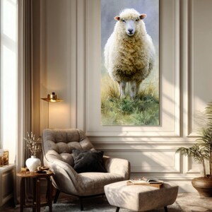 Könnte beinhalten: Ein vertikaler Leinwanddruck mit einem Schaf auf einer Wiese. Das Schaf hat dickes, cremeweißes Fell und steht auf einer grasbewachsenen Fläche. Der Hintergrund ist ein sanftes Blau-Grau. Das Kunstwerk wird in einem Wohnzimmer präsentiert.