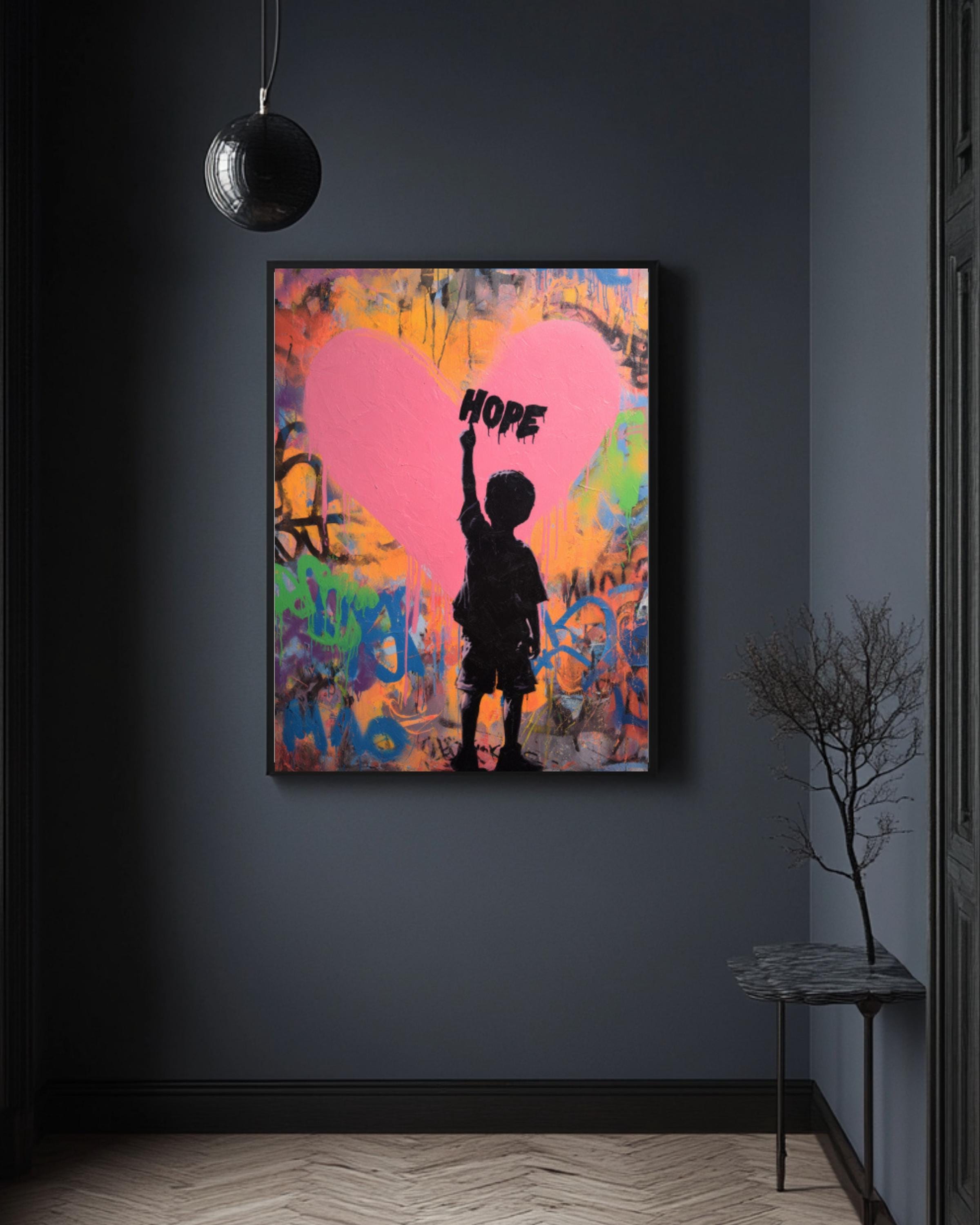 Hope Graffiti Poster – Child Silhouette Pointing Up, Abstract Heart ...