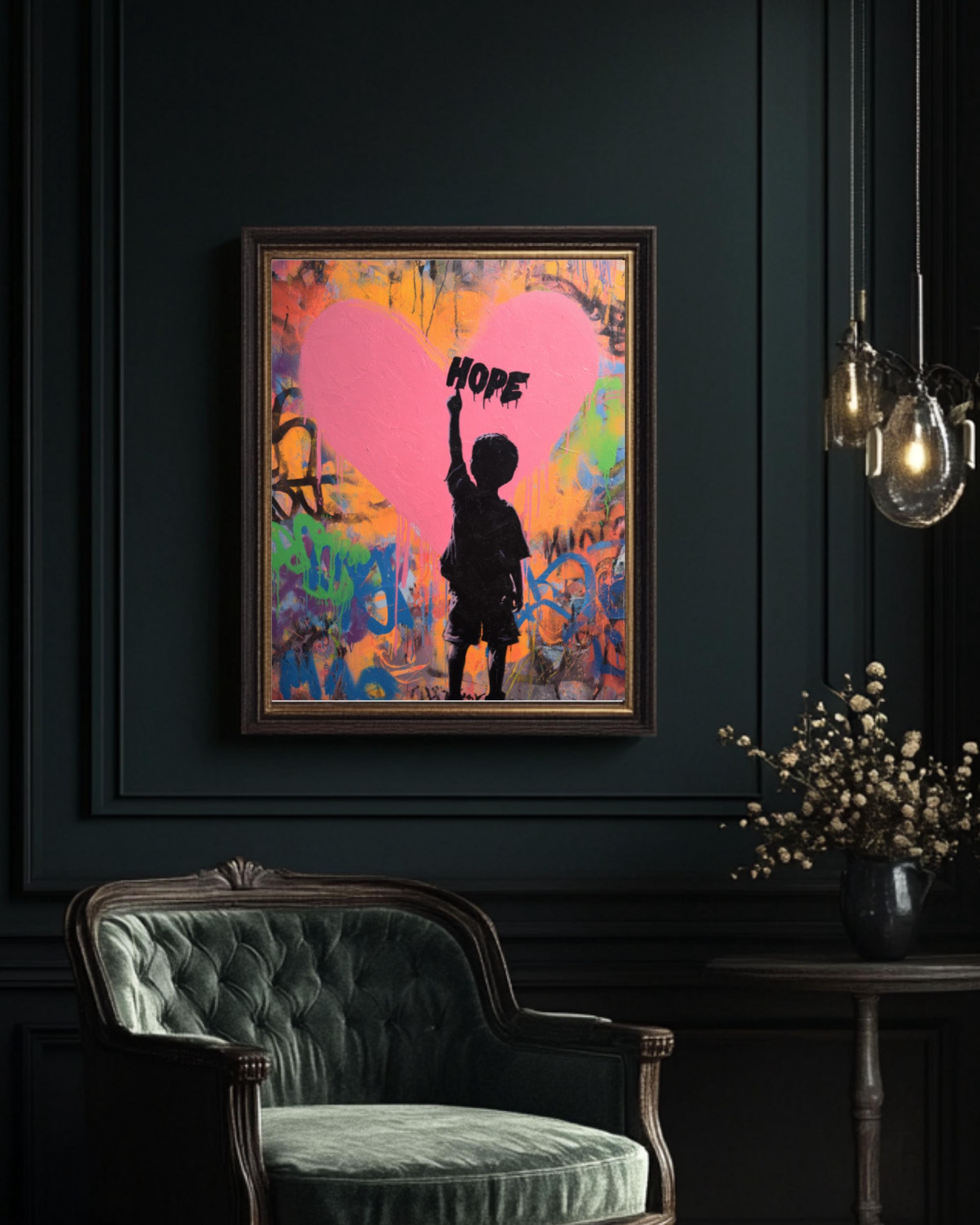 Hope Graffiti Poster – Child Silhouette Pointing Up, Abstract Heart ...
