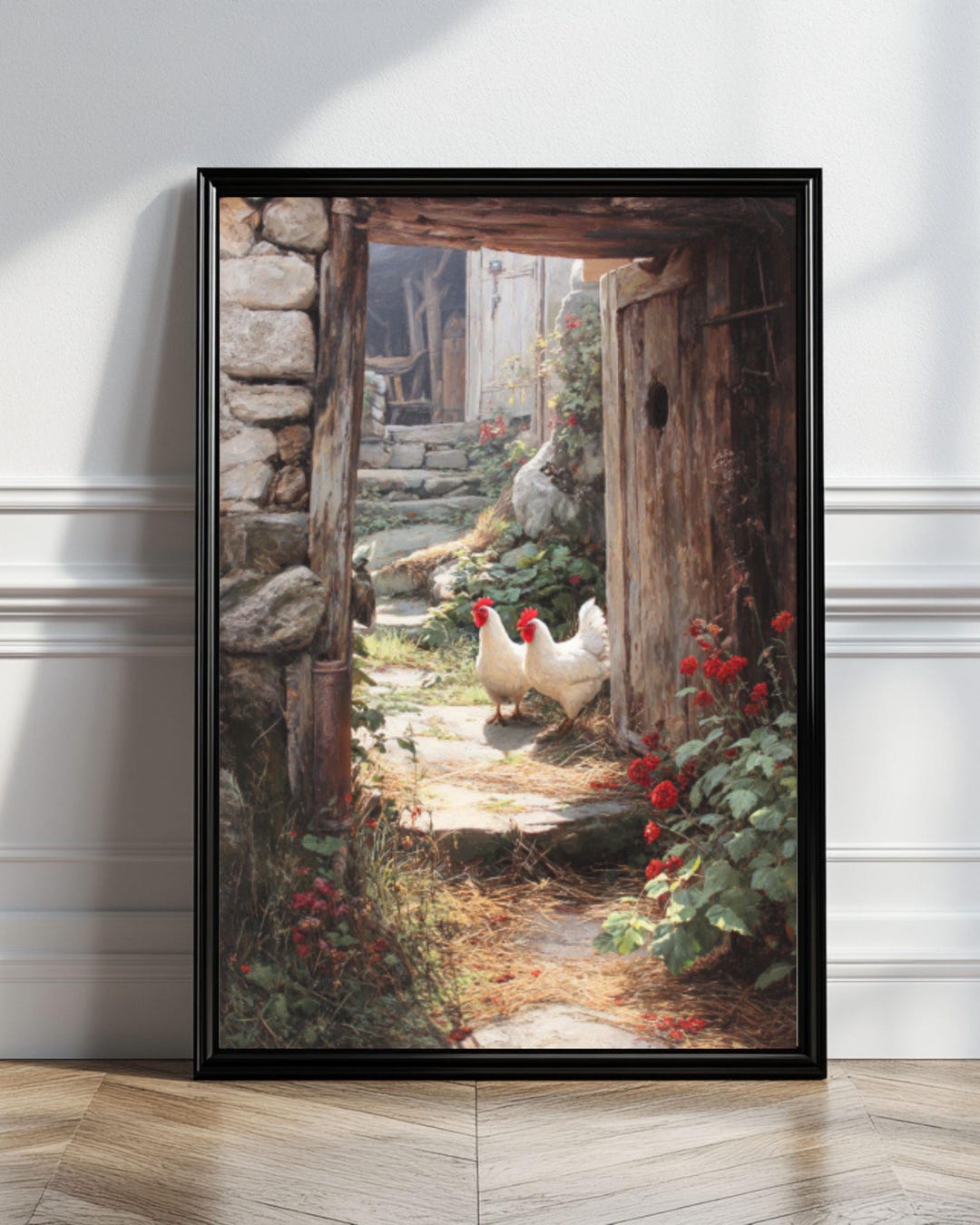 Chickens in Barn Poster – Hyper-realistic Farm Scene, Straw and Flowers ...