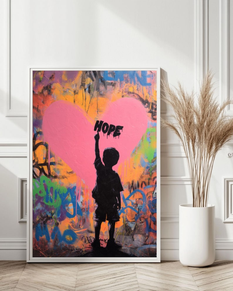 Hope Graffiti Poster – Child Silhouette Pointing Up, Abstract Heart ...