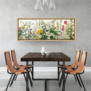 Puede incluir: Una impresión floral rectangular enmarcada con una variedad de flores silvestres coloridas. La obra de arte se exhibe sobre una mesa de comedor de madera oscura con cuatro sillas. Las sillas tienen marcos de metal negro y asientos de cuero marrón claro.