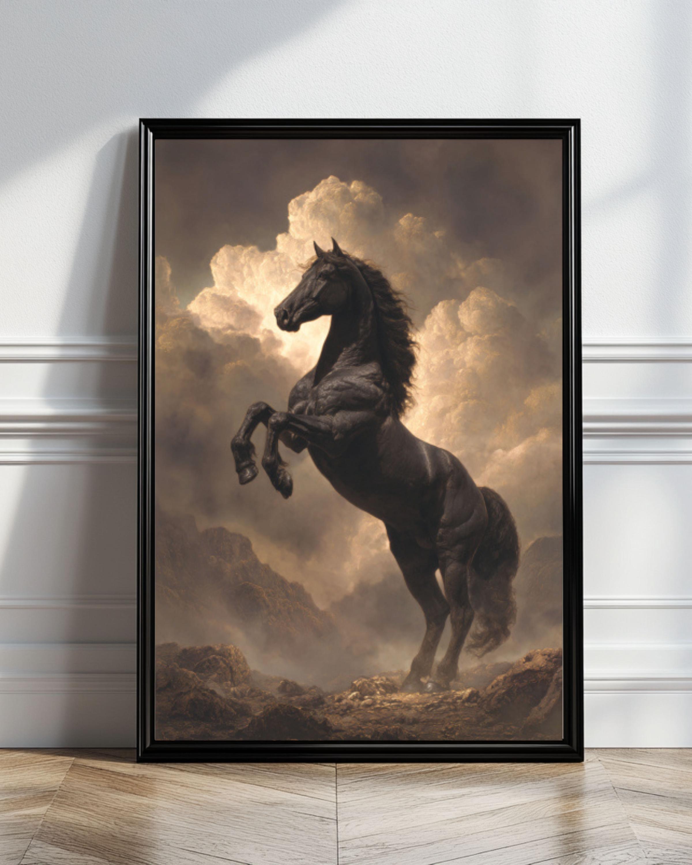 Black Horse Poster – Dark Fantasy Art, Rearing Horse With Black & Gold ...
