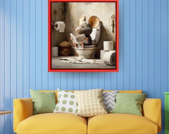 Schattige muis als wanddecoratie voor het toilet – Grappige canvasprint voor de badkamer, muis die de krant leest, speelse dierendecoratie, wanddecoratie voor de gastenbadkamer
