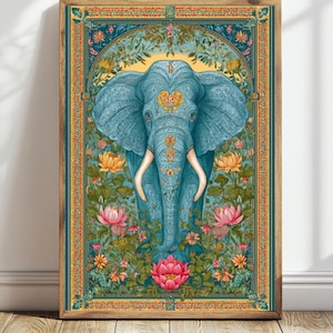 May include: A framed art print featuring a detailed illustration of a blue elephant with ornate gold embellishments. The elephant is surrounded by colorful flowers and foliage, set against a teal and gold patterned background. The artwork is framed in a wooden frame.