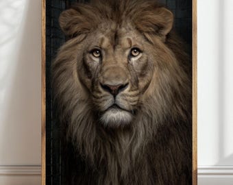 May include: A framed print of a lion's portrait. The lion has a full, brown mane and is looking directly at the viewer. The artwork is in a wooden frame and is displayed against a white wall. The image has a dark background.