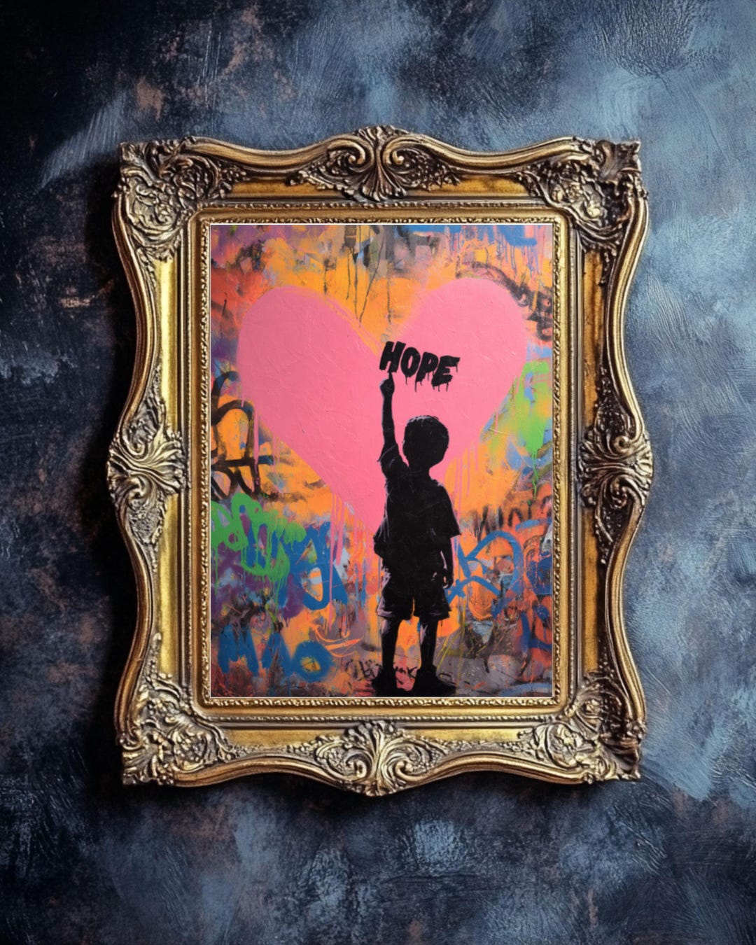 Hope Graffiti Poster – Child Silhouette Pointing Up, Abstract Heart ...