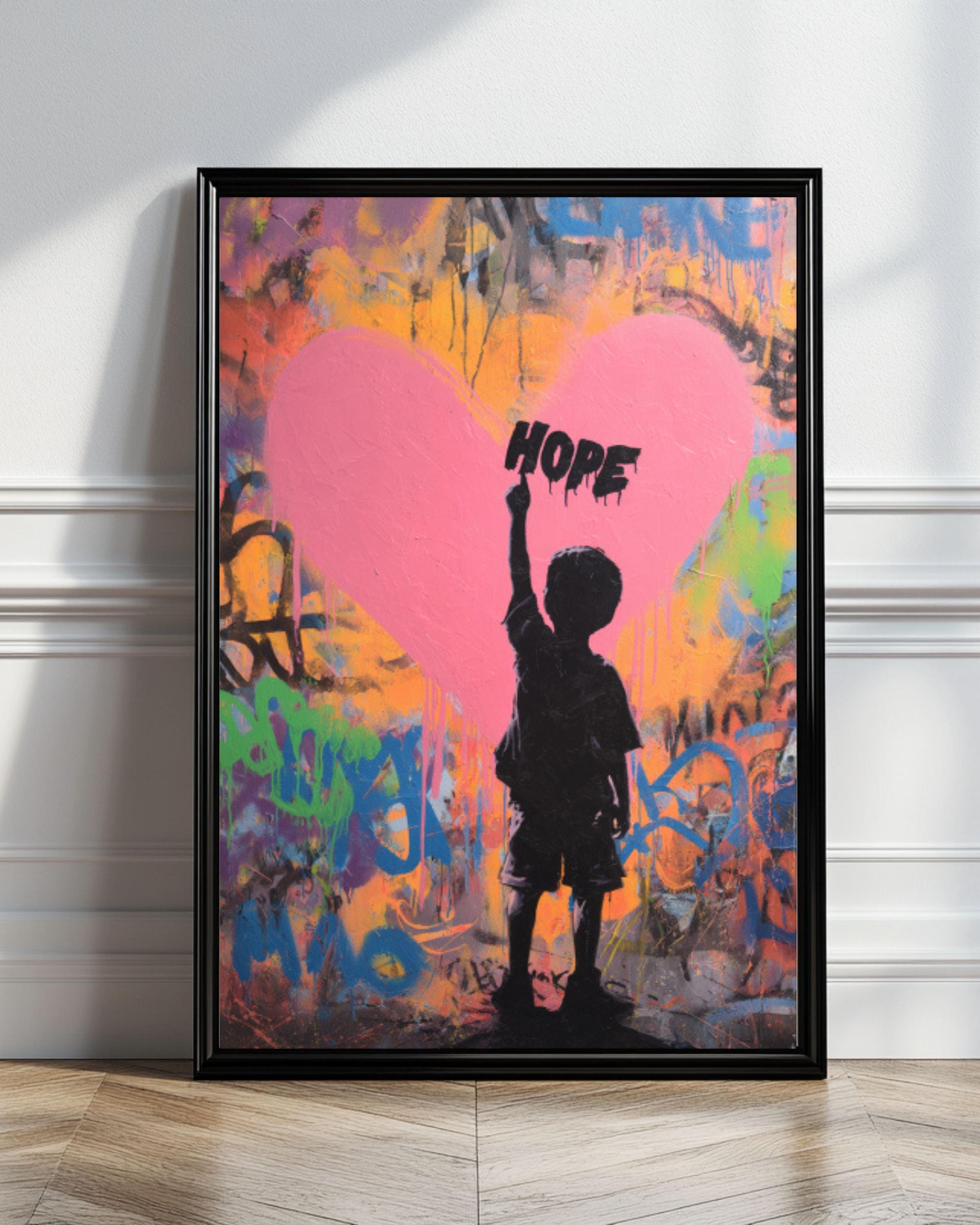Hope Graffiti Poster – Child Silhouette Pointing Up, Abstract Heart ...